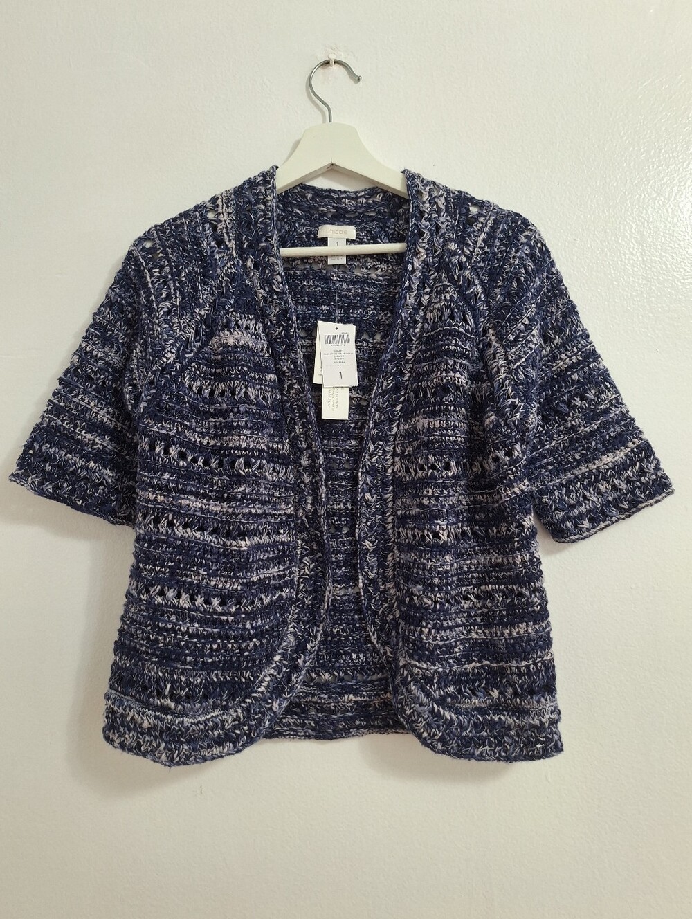 NWT Chico's Navy and White Marled Short-Sleeve Open Cardigan